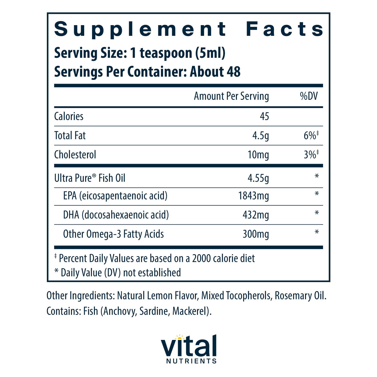Vital Nutrients Ultra Pure Fish Oil 2600 – Pharmaceutical Grade, Hi-Potency Deep Sea EPA/DHA, 8 oz