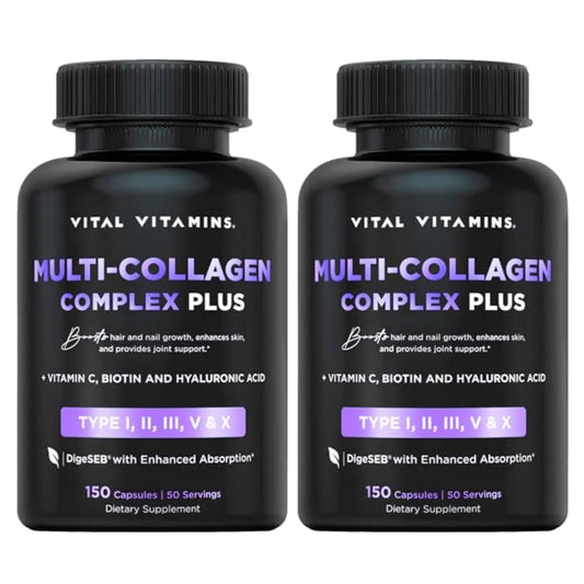 Vital Vitamins Multi Collagen Plus (2-Pack) – Biotin, Hyaluronic Acid & Vitamin C for Hair, Skin, Nails | Type I–X Collagen (Women & Men)