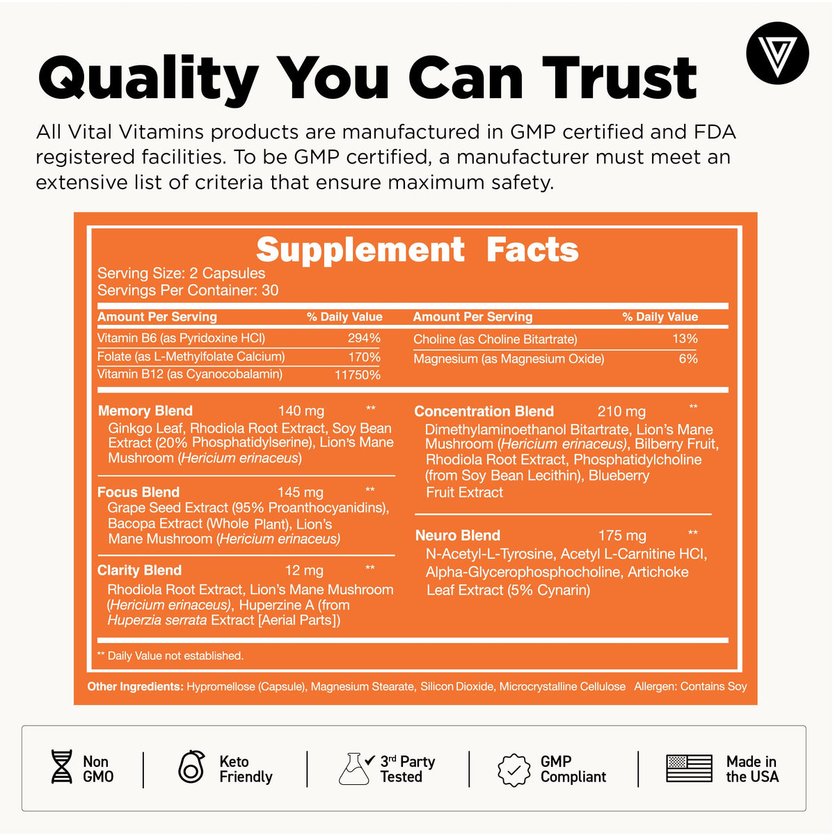 Vital Vitamins Nootropic Brain Supplement Plus – Memory & Focus (Lion's Mane) 60 Caps