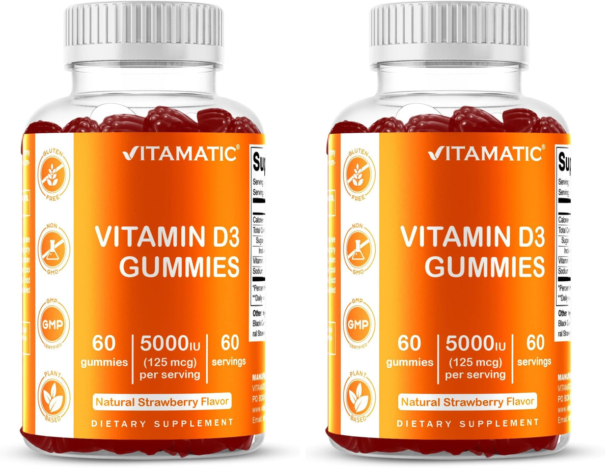 Vitamatic Vitamin D3 Gummies – 5000 IU Per Gummy | 60 Gummies Pack of 2 | Non-GMO, Gluten Free