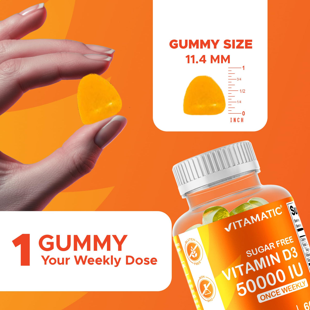 Vitamatic Sugar Free Vitamin D3 50,000 IU Weekly Gummies – 60 Pectin-Based High-Potency D3 for Bone, Teeth & Immune Support (Pack of 2)