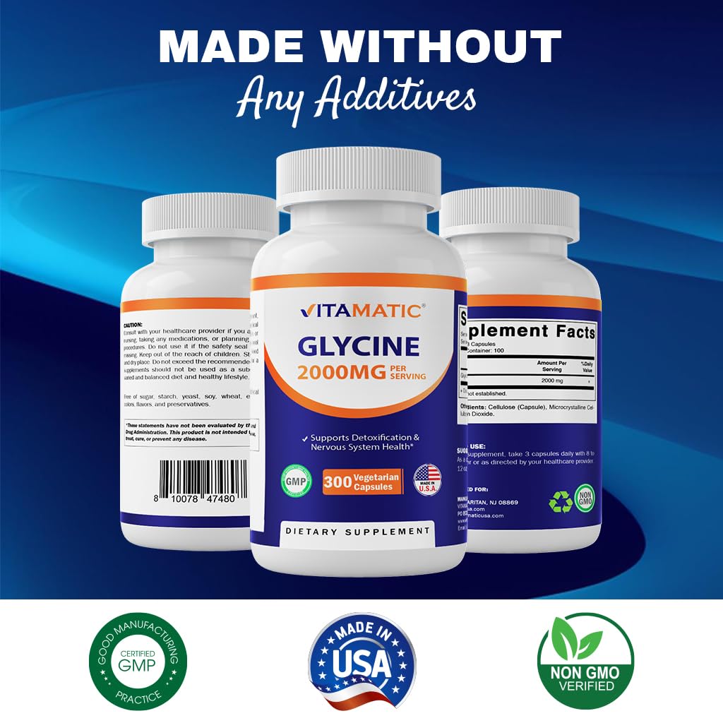 Vitamatic Glycine 2000mg per Serving – 300 Count, Non-GMO, Gluten Free