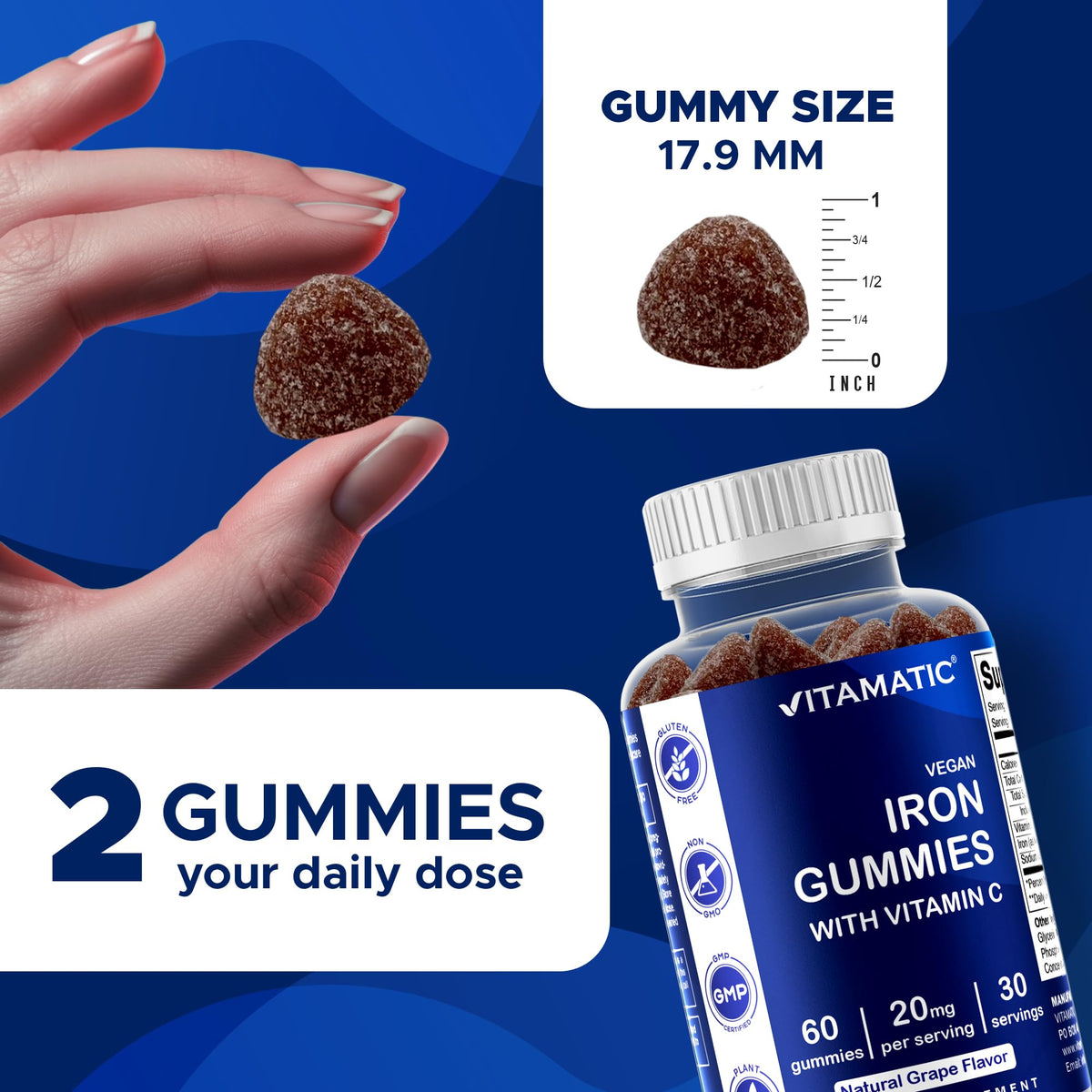 Vitamatic Iron Gummies – 20mg Iron + Vitamin C, Vegan Gummies, 60 Count (Pack of 2)