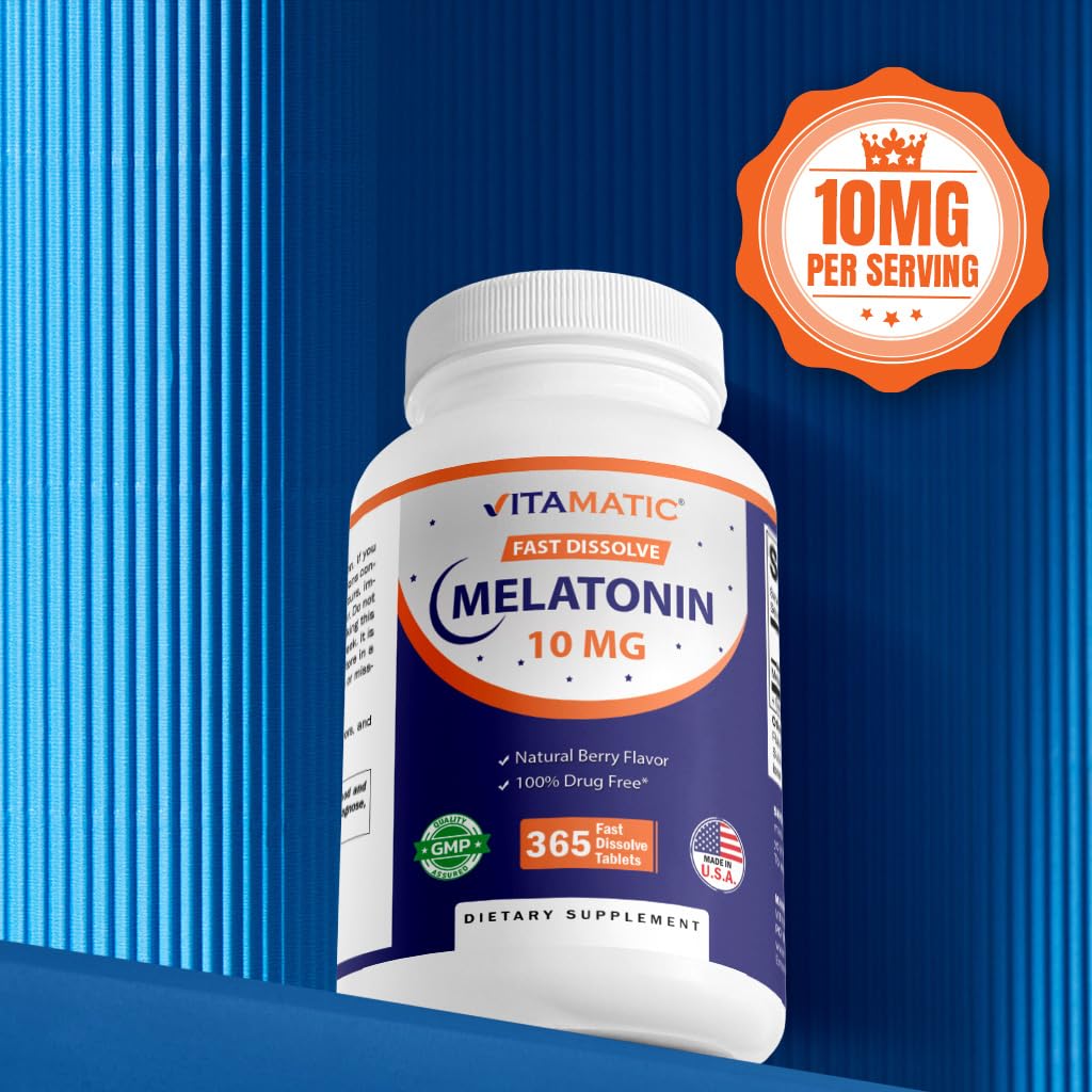 Vitamatic Melatonin 10 mg Tablets | Vegetarian, Non-GMO, Gluten-Free | 365 Tablets (1-Year Supply)