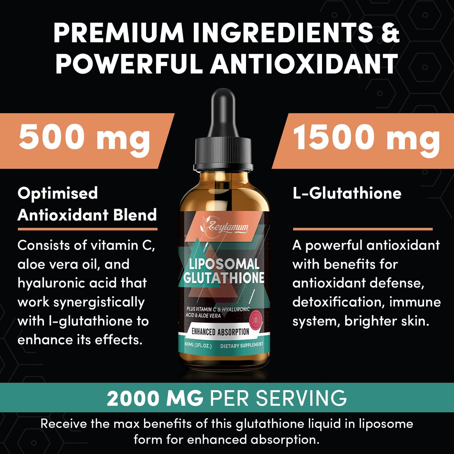 Zeylamum 2000mg Liposomal Glutathione Liquid Drops — Ultra-Absorption, Skin & Immunity Support, 8.08 oz