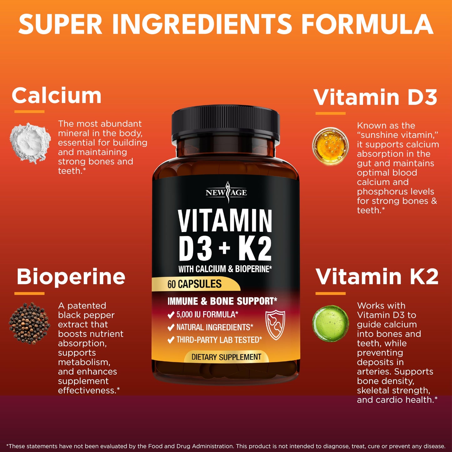 Vitamin D3 5000 IU + K2 MK-7 100 mcg – 2-in-1 Bone, Immune & Heart Support