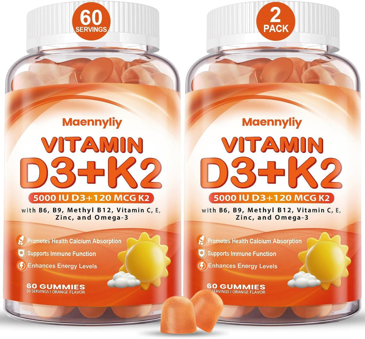 Vitamin D3 K2 Gummies for Adults – 5000IU D3 + 120mcg MK-7 K2 | Sugar-Free, Omega-3 & B Vitamins