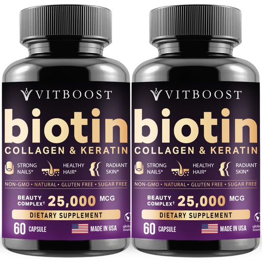 Vitboost Biotin with Hyaluronic Acid, Collagen & Keratin – 25000 mcg Hair Growth Vitamins for Men & Women – 120 Capsules – USA Made