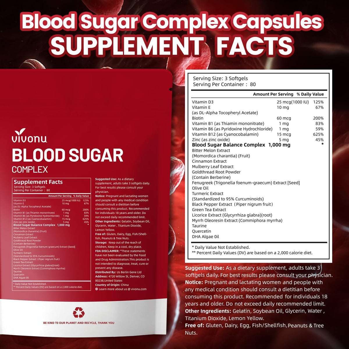 VivoNu Blood Sugar Complex – Advanced 20-Herb Formula with Cinnamon & Turmeric | Vegan, Non-GMO, Gluten-Free (240 Softgels)