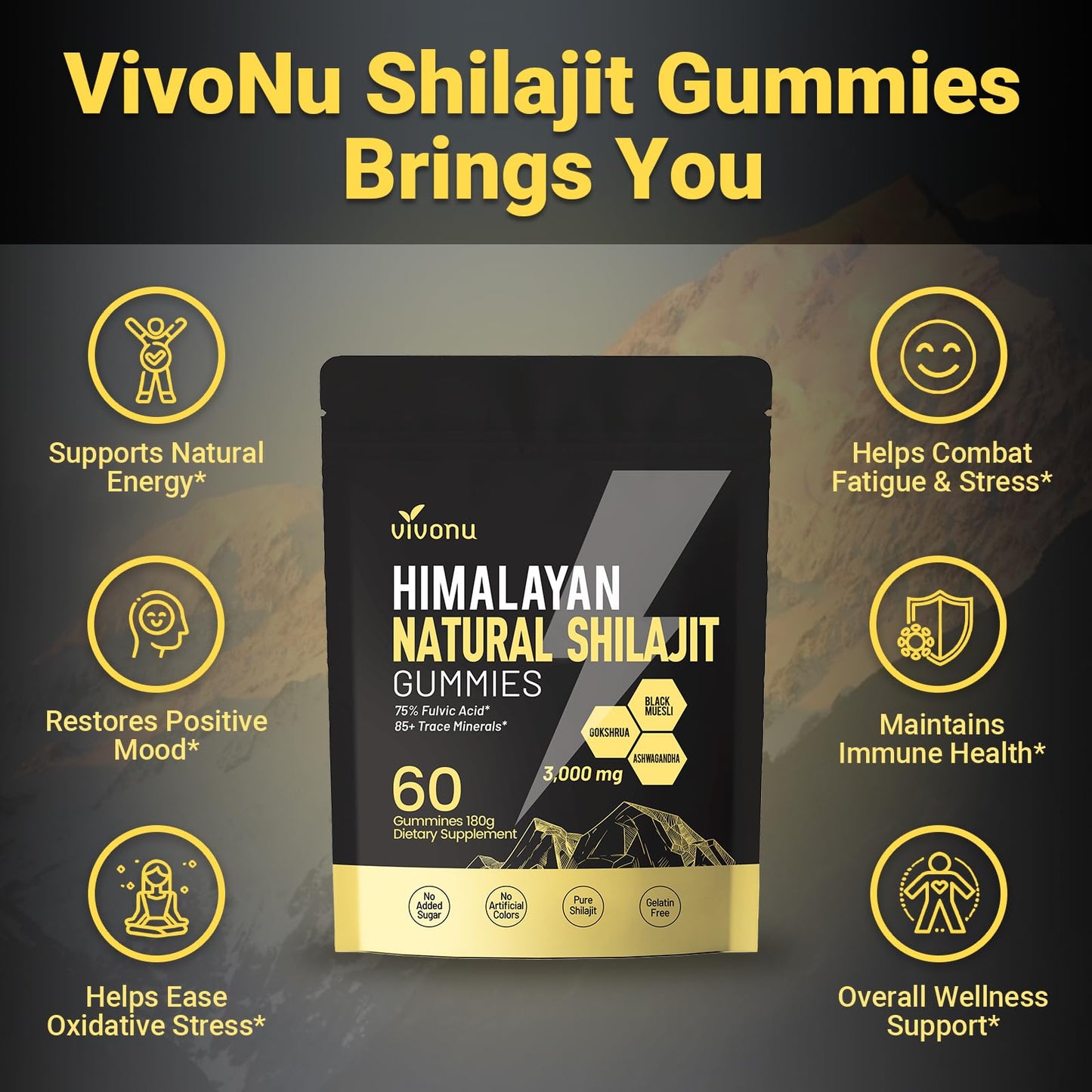 VivoNu Pure Himalayan Shilajit Gummies - 85+ Minerals, Non-GMO