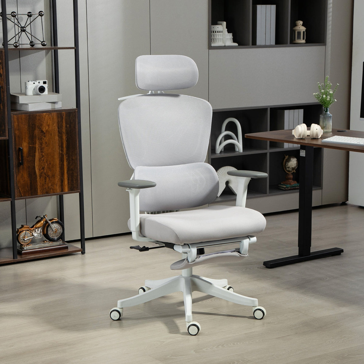HOMCOM Ergonomic Office Chair, Recliner Computer Chair with Footrest, Grey