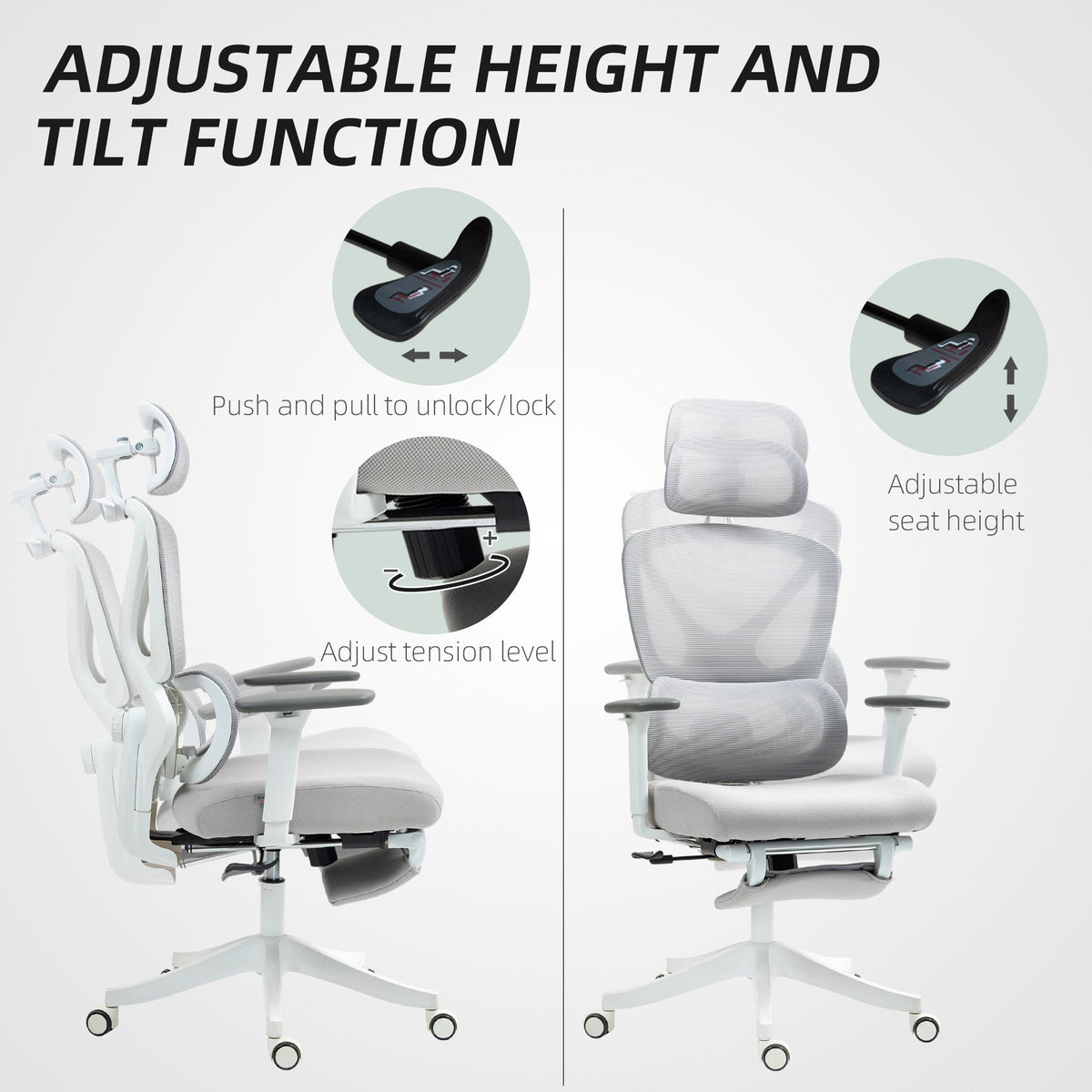 HOMCOM Ergonomic Office Chair, Recliner Computer Chair with Footrest, Grey