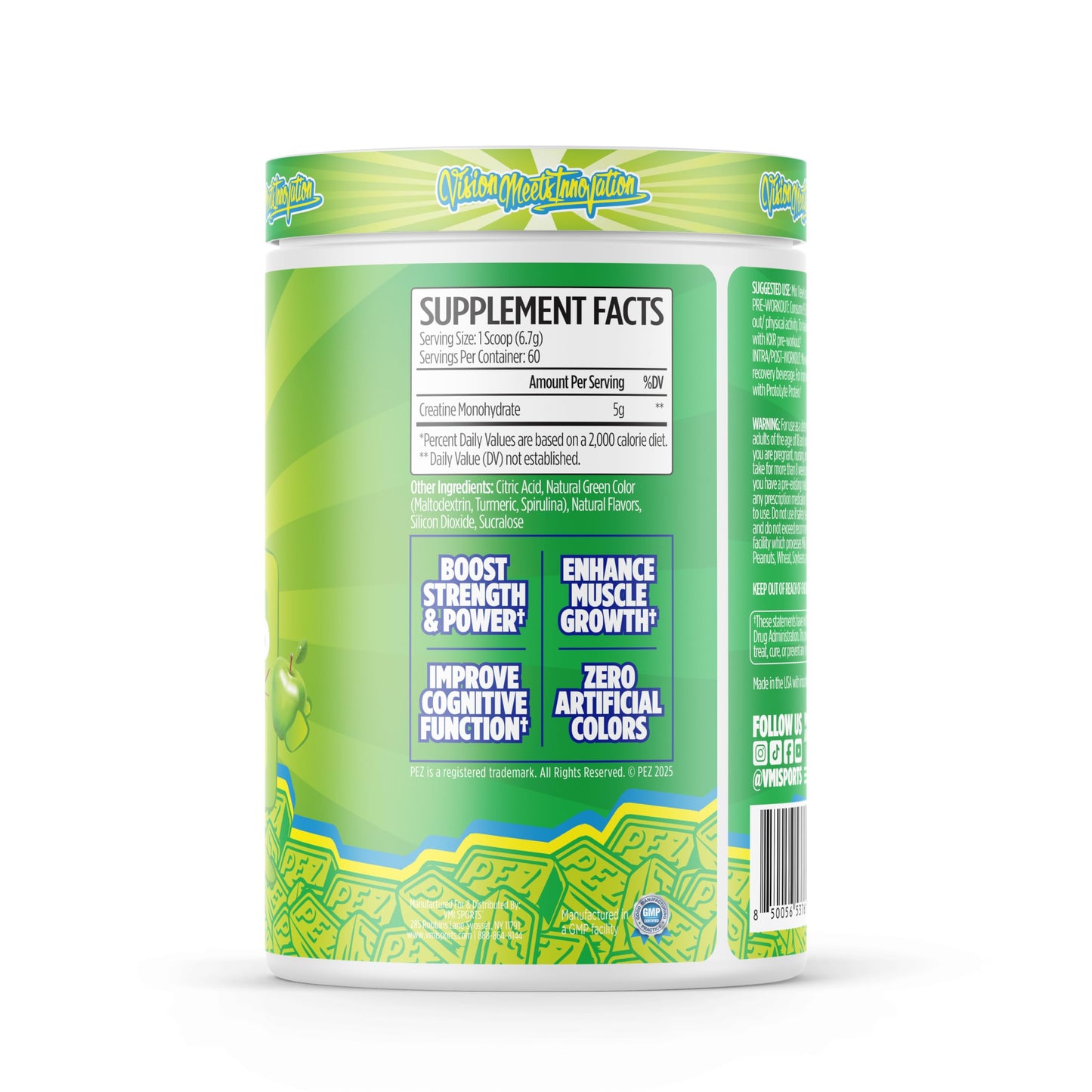 VMI Sports Creatine Monohydrate Powder – 5g Per Serving, 60 Servings, PEZ Sour Green Apple | Muscle Mass, Strength & Power