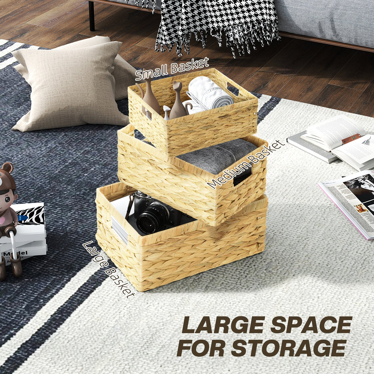 HOMCOM Set of 3 Wicker Storage Baskets, Woven Baskets with Handles, Natural