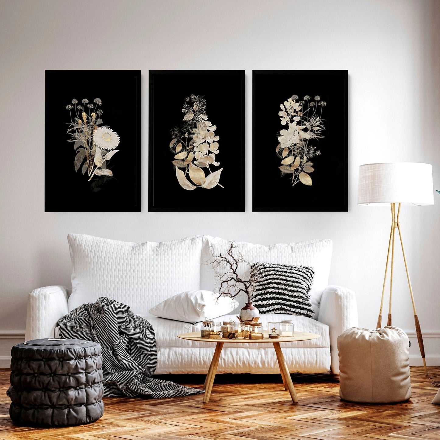 Wall art gold | set of 3 Floral wall art for living room