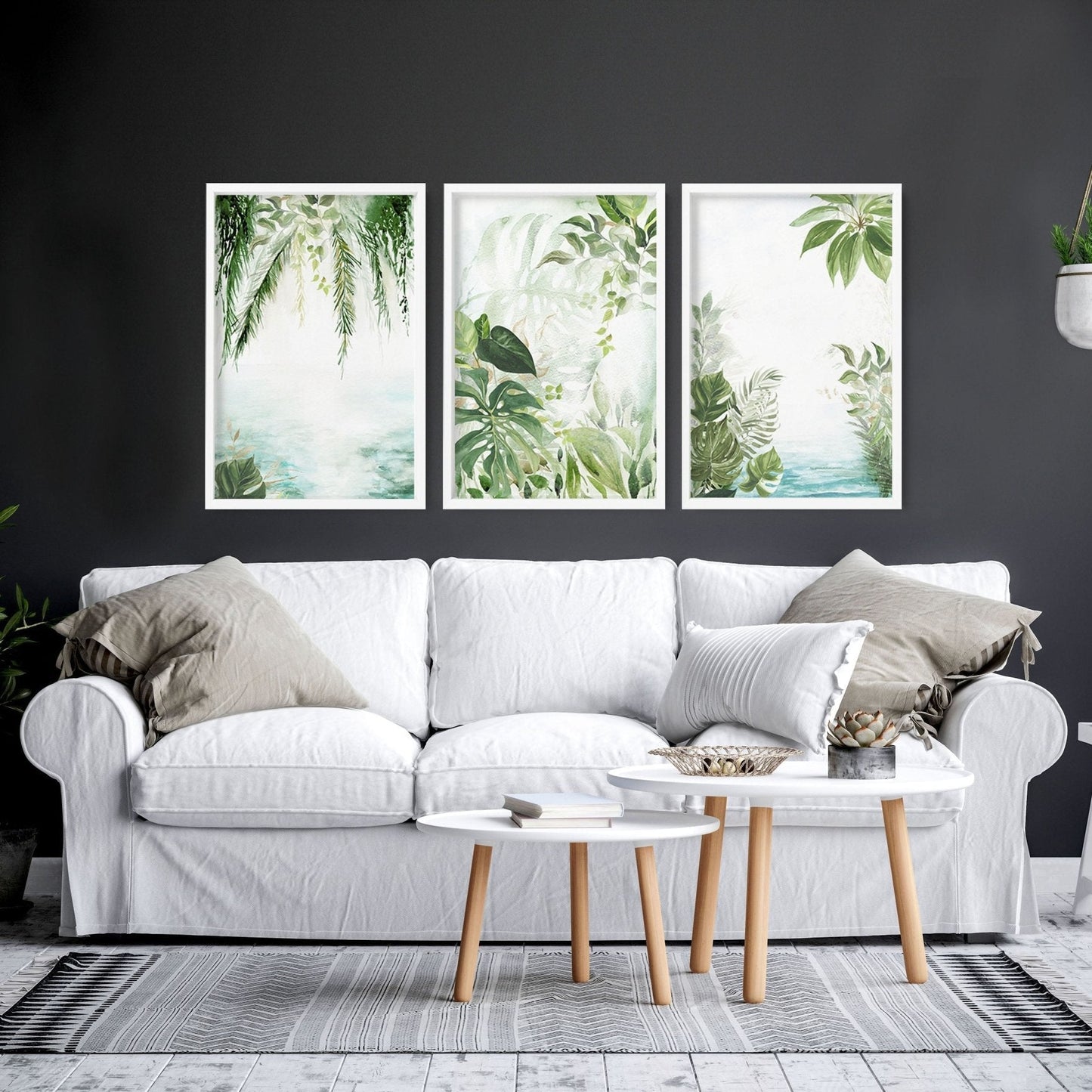Wall art with green | set of 3 Tropical home decor items