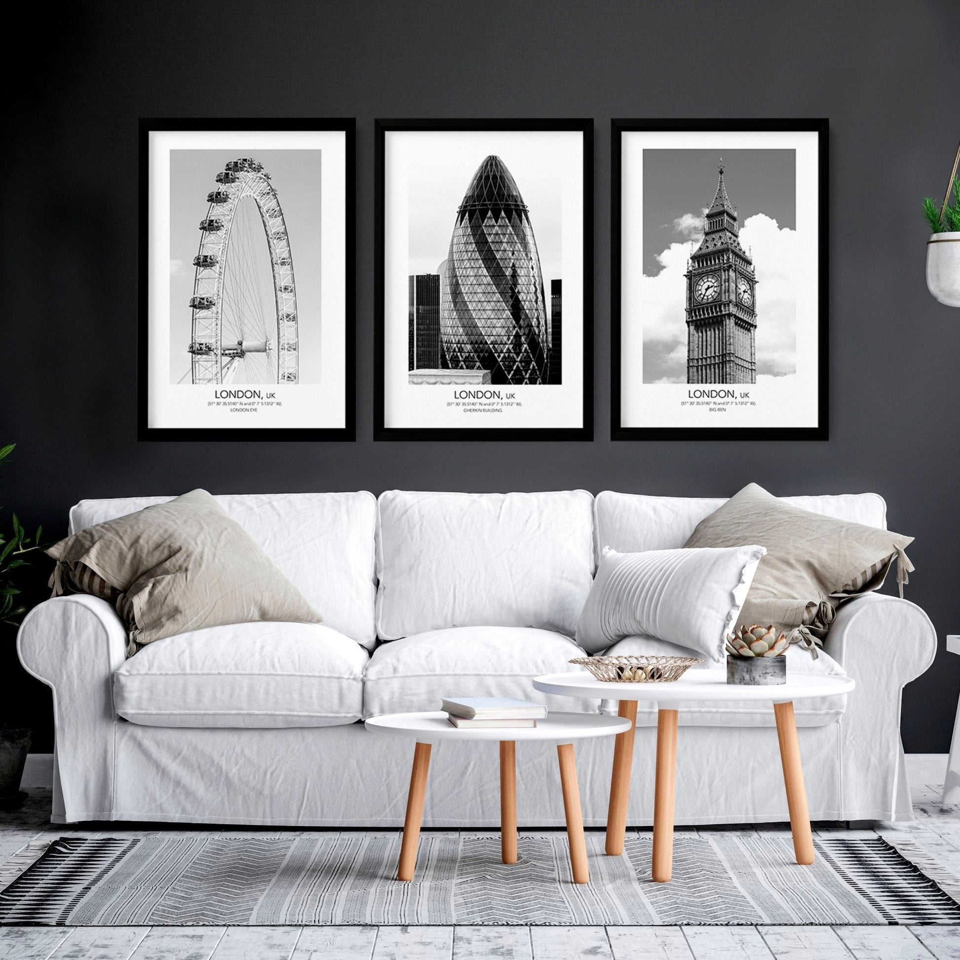 Wall pictures for living room ideas | set of 3 London wall art prints
