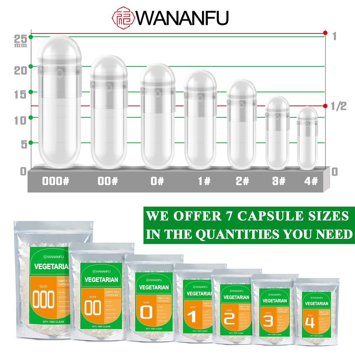 Wananfu Size 000 Vegetarian Empty Capsules (1000 Count) Bundle with Micro Spoon