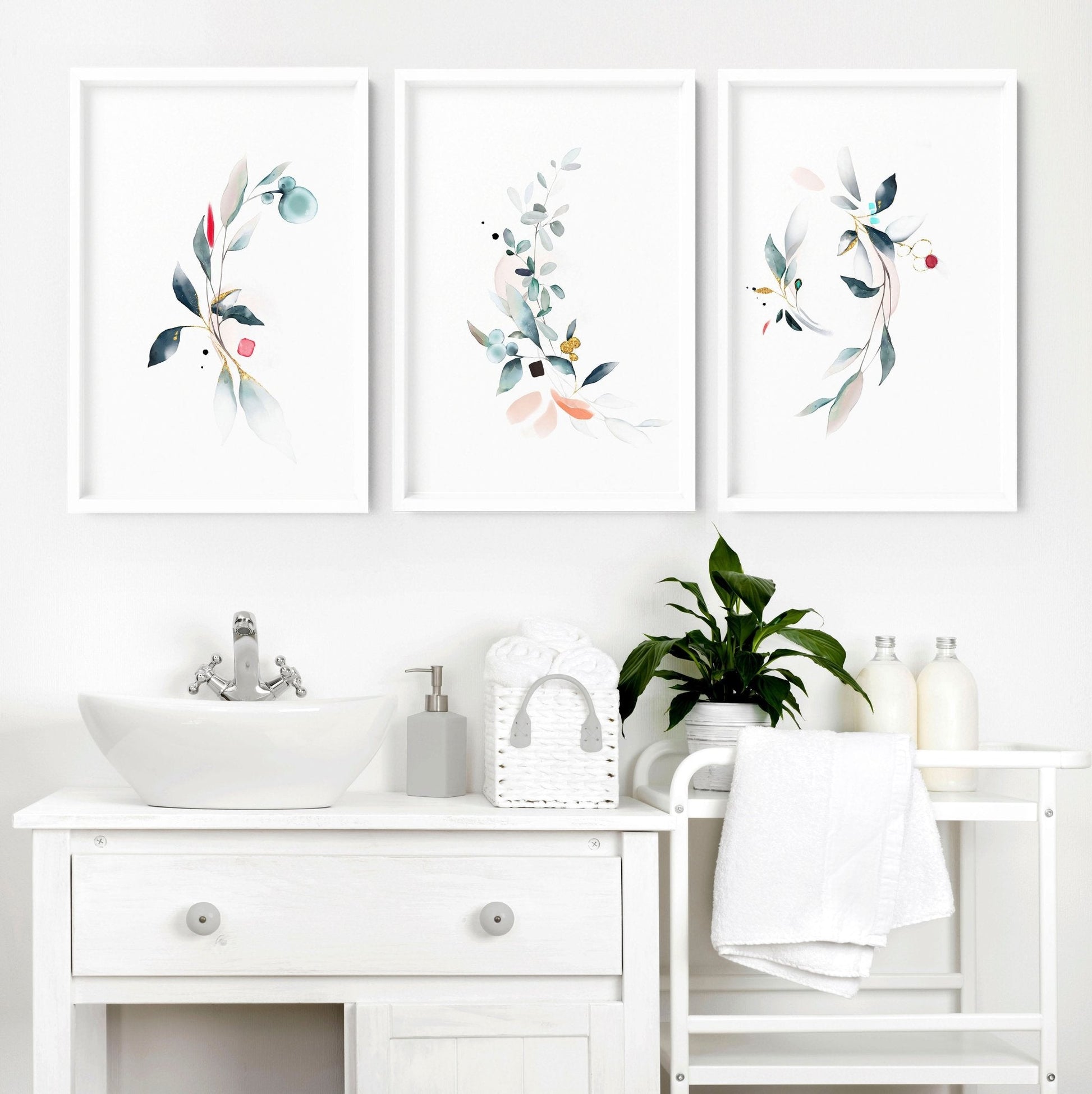 Bathroom wall decor UK | Set of 3 Botanical art prints