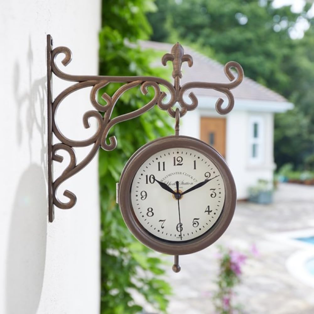 Double Sided Outdoor Station Clock with Thermometer Wall Mount