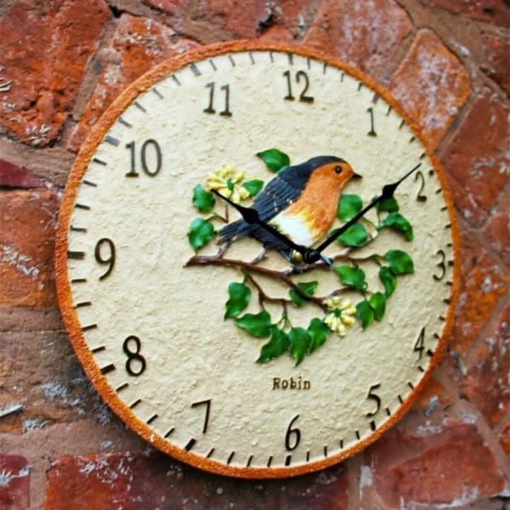 12 Inch Rustic Stone Effect Robin Wall Clock with Thermometer