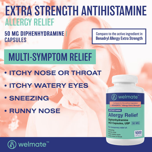 WELMATE Allergy Relief Diphenhydramine 50 mg — 1000 Count Capsules | Antihistamine for Sneezing, Runny Nose & Itchy Eyes