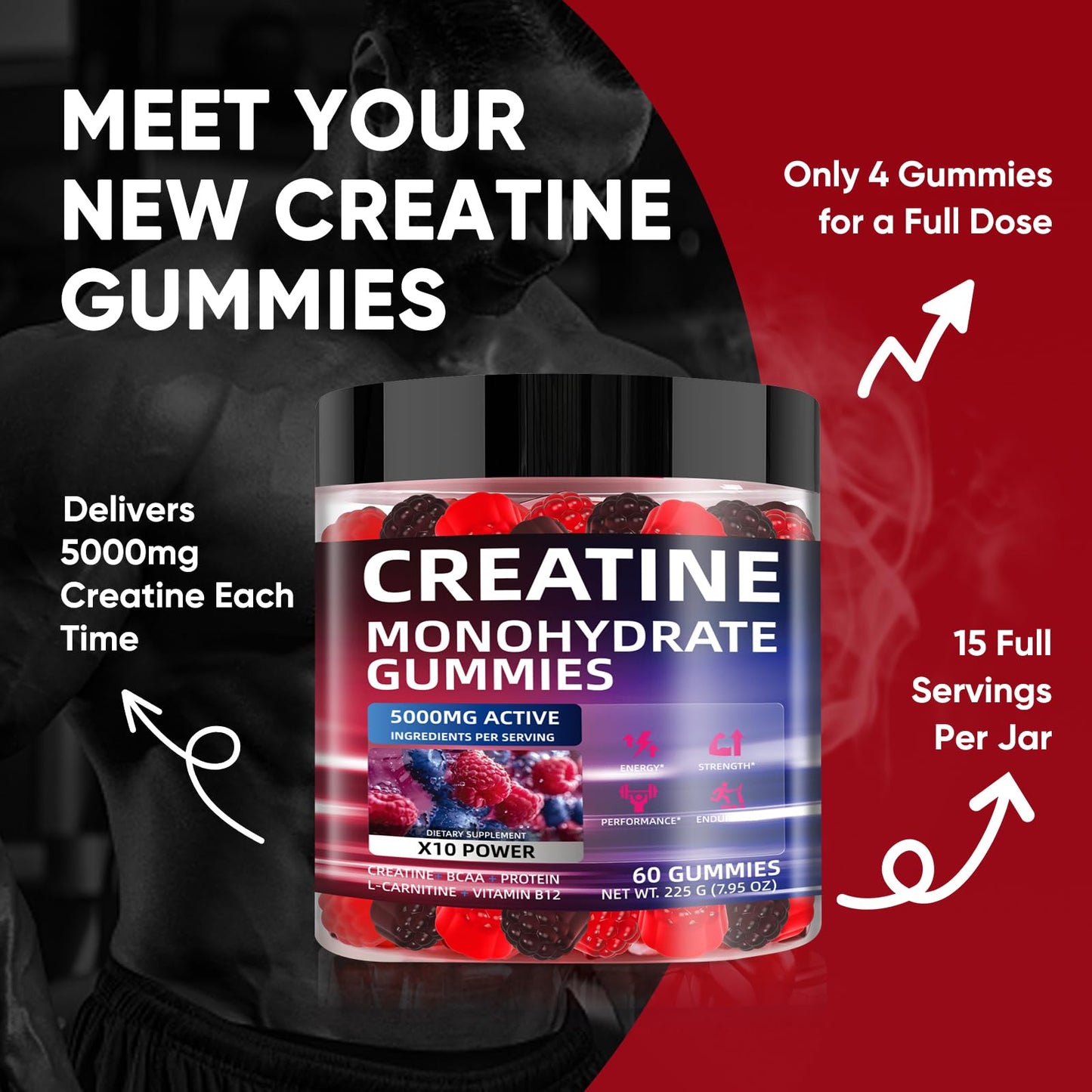 WEVYHFS SPORTS Creatine Gummies 5000mg - Sugar-Free Vegan with BCAA, L-Carnitine & B12