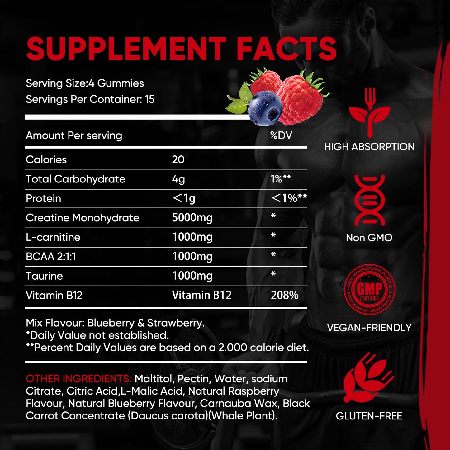 WEVYHFS SPORTS Creatine Gummies 5000mg - Sugar-Free Vegan with BCAA, L-Carnitine & B12