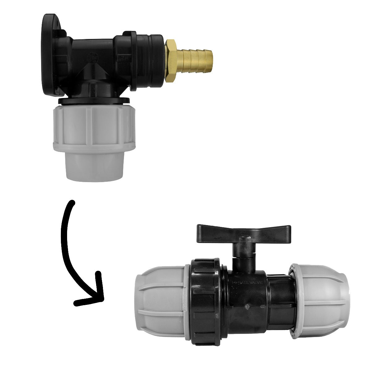 Wall Flange Kit 20mm MDPE + 1/2in Barb Outlet + In Line Valve BSP Thread Fitting