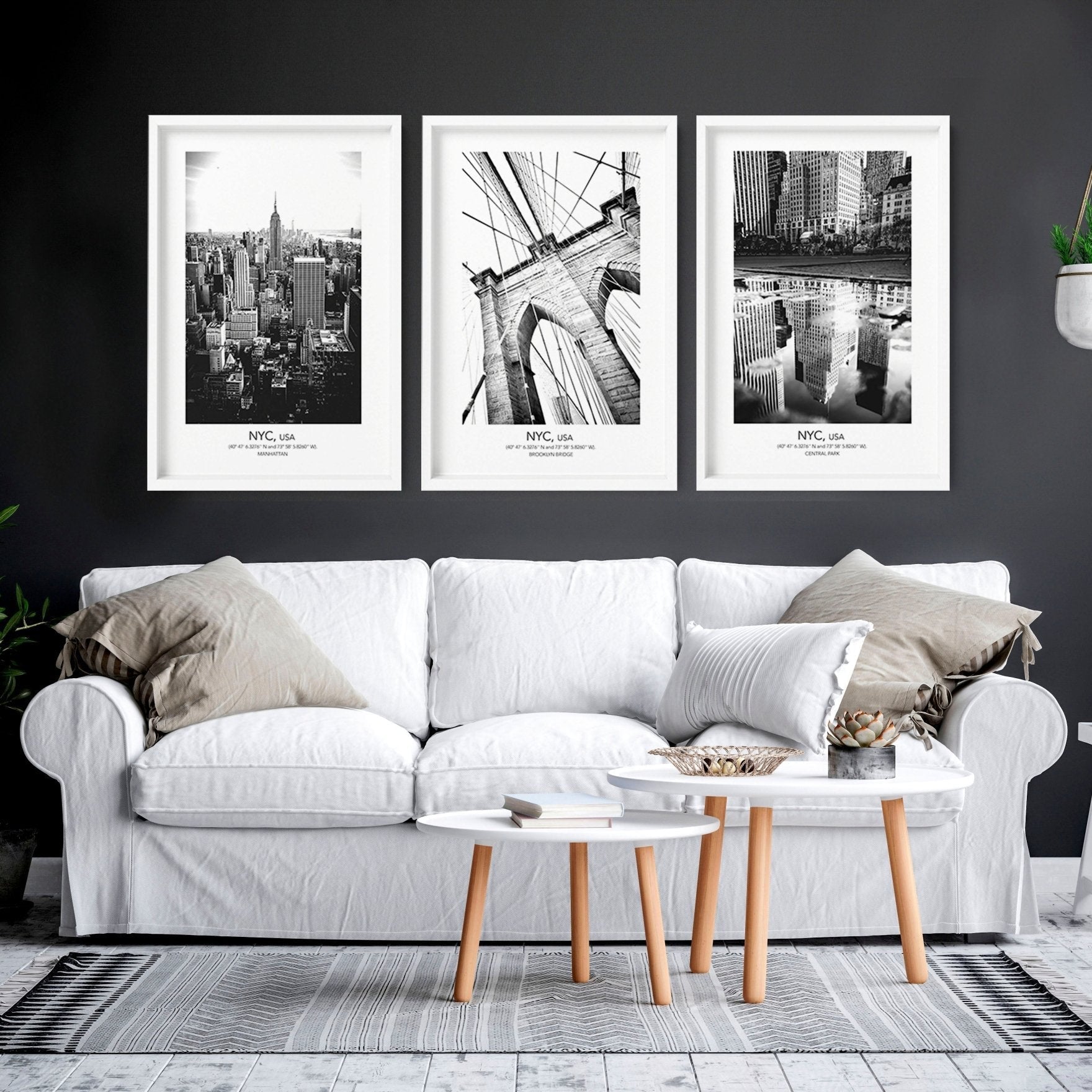 White and black art | set of 3 New York living room wall art