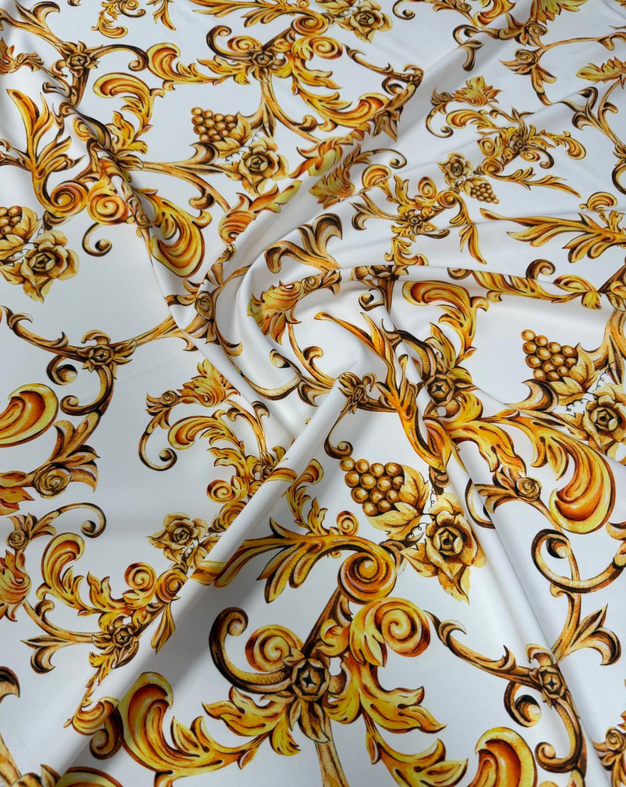 White and Gold Baroque Print Fabric By Metre