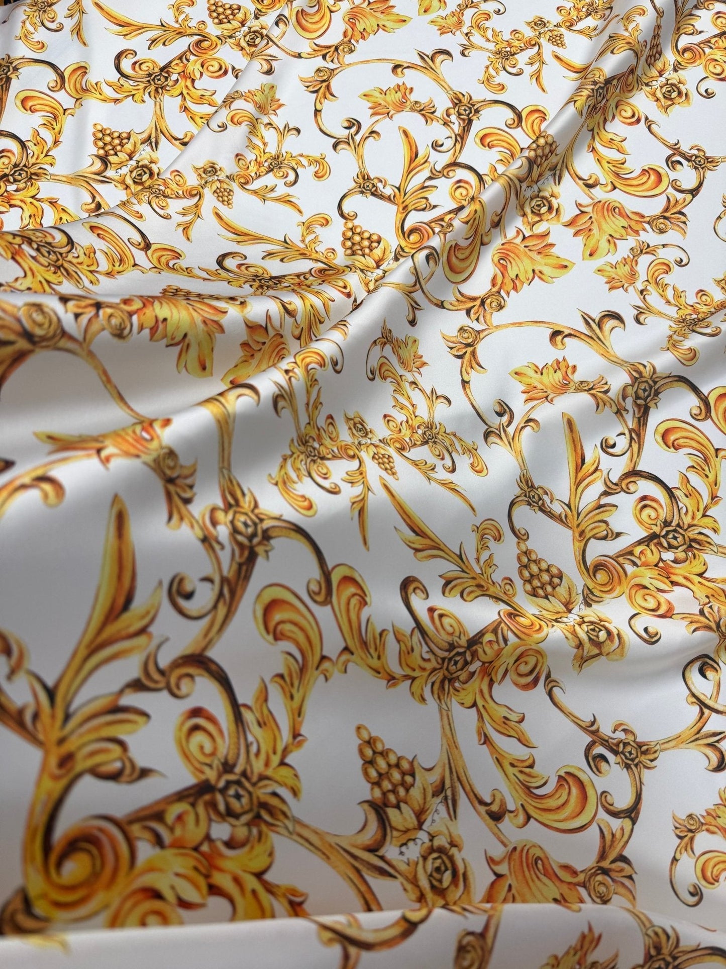 White and Gold Baroque Print Fabric By Metre