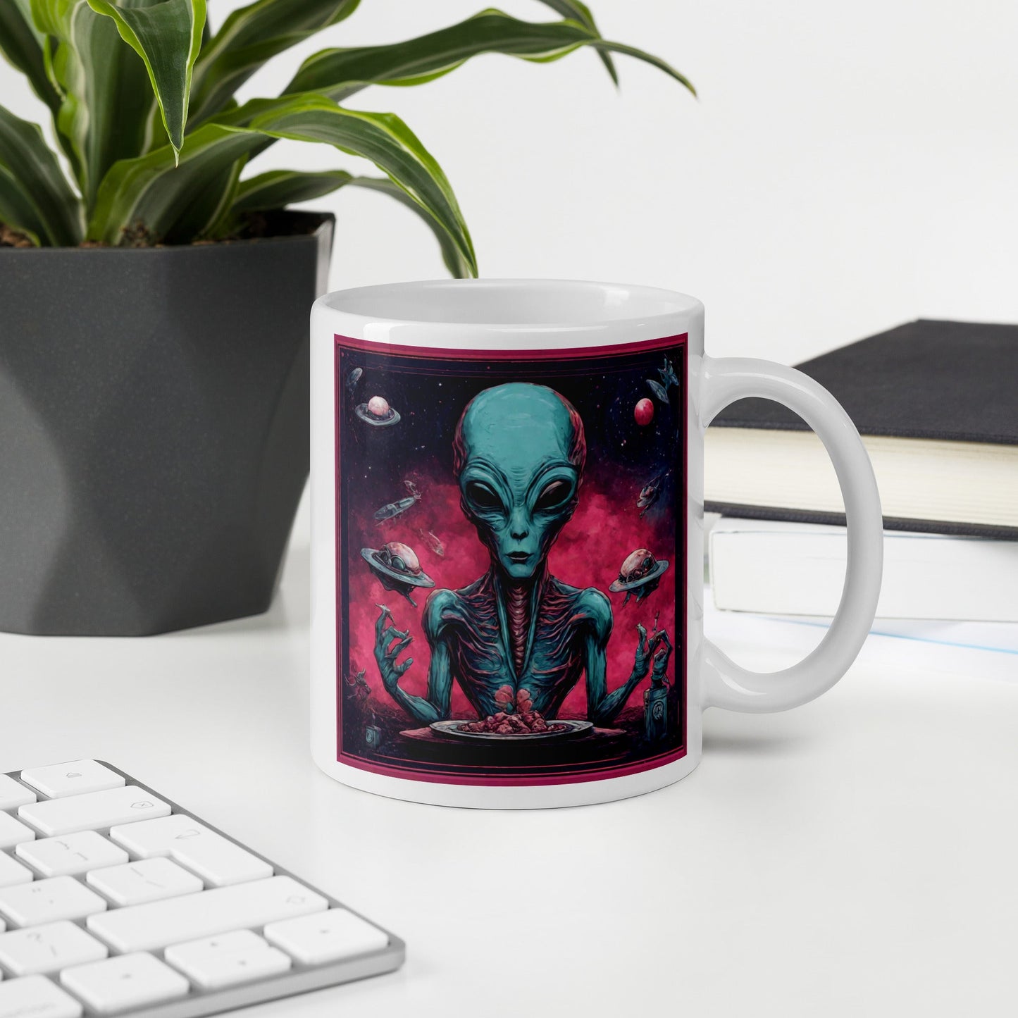Alien Landscape White Mug — Unique AI Designed Gift