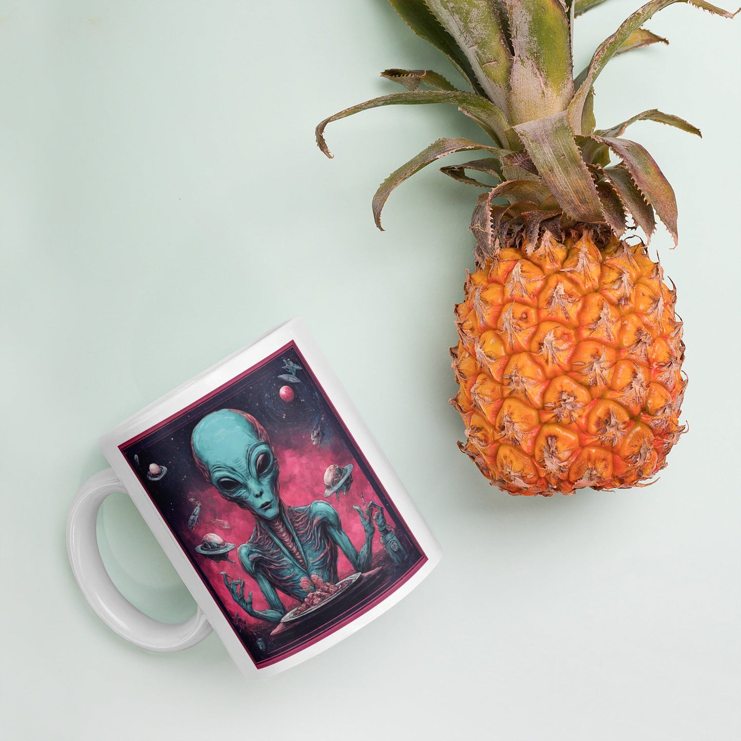 Alien Landscape White Mug — Unique AI Designed Gift
