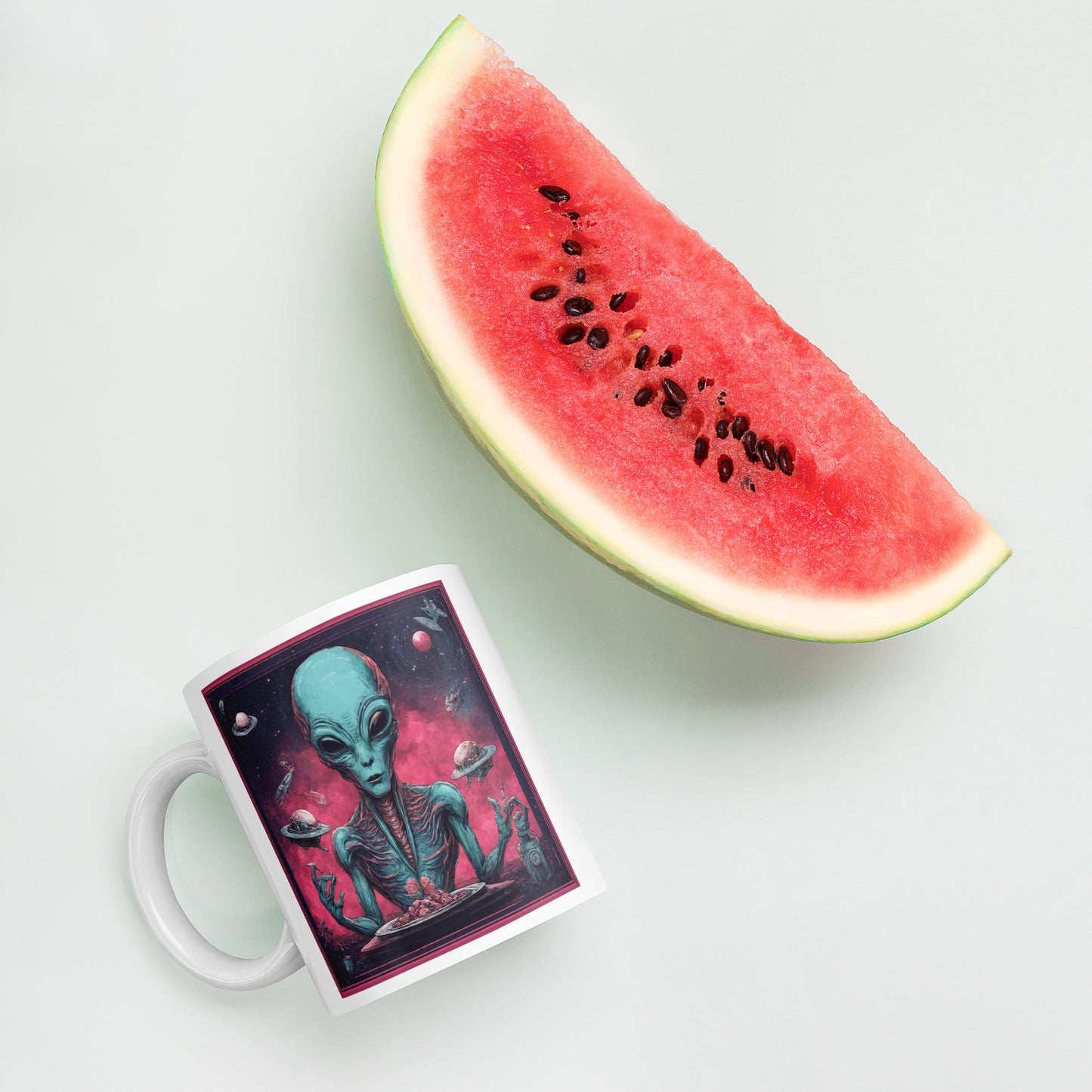 Alien Landscape White Mug — Unique AI Designed Gift