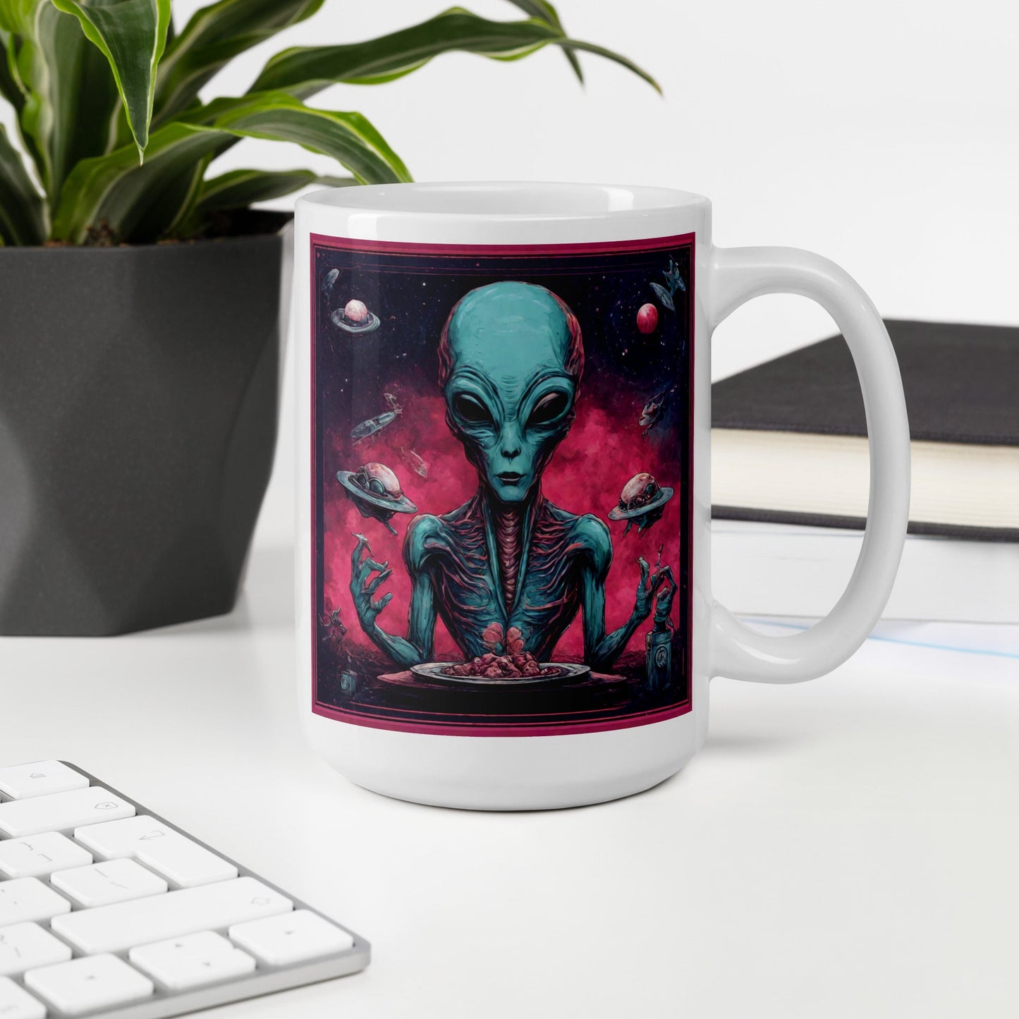 Alien Landscape White Mug — Unique AI Designed Gift