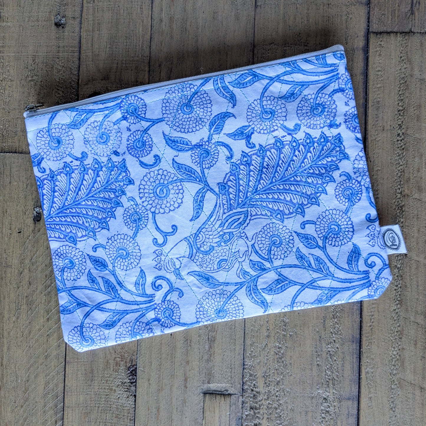 Quilted Block-Printed Zipper Pouch with Tassel