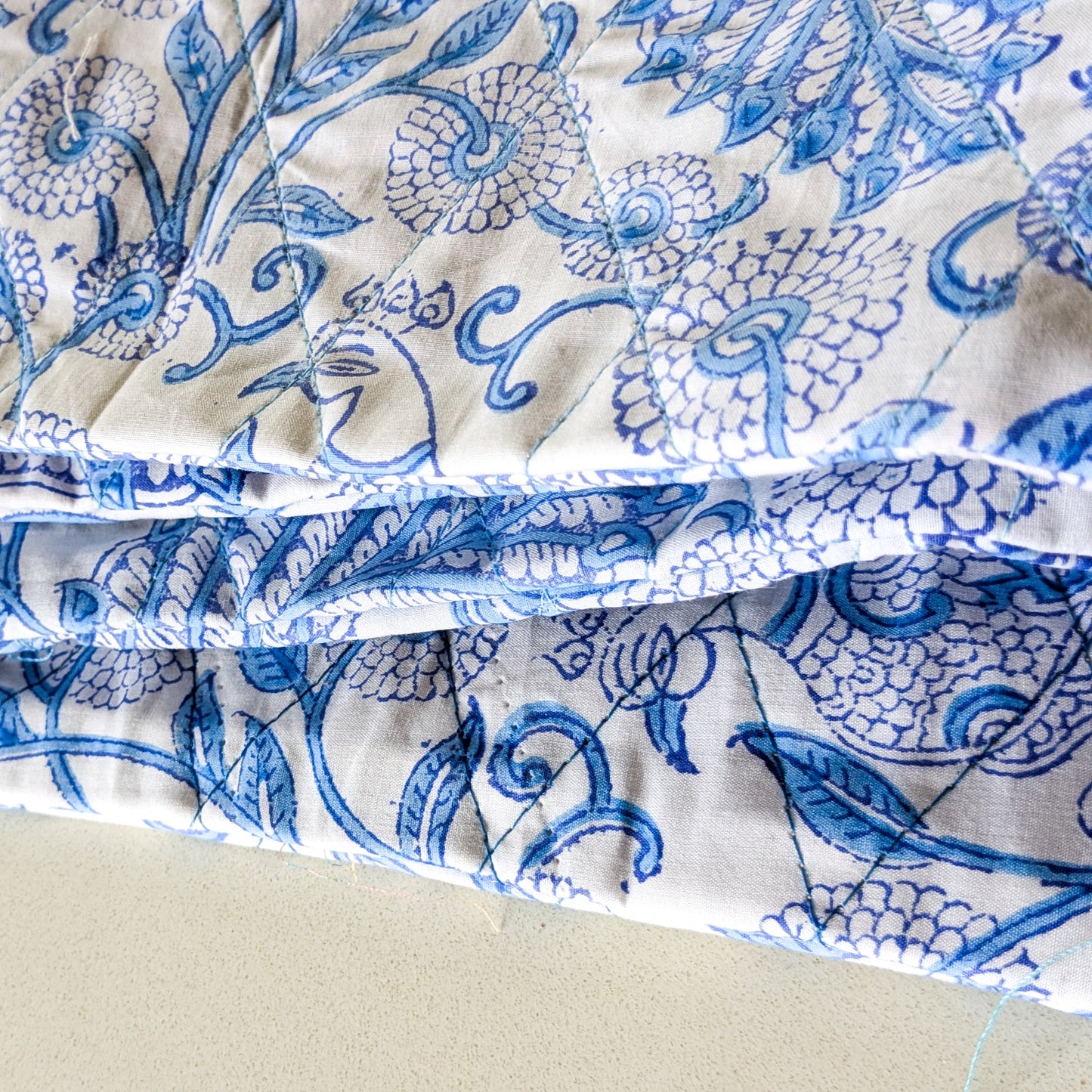 Quilted Block-Printed Zipper Pouch with Tassel