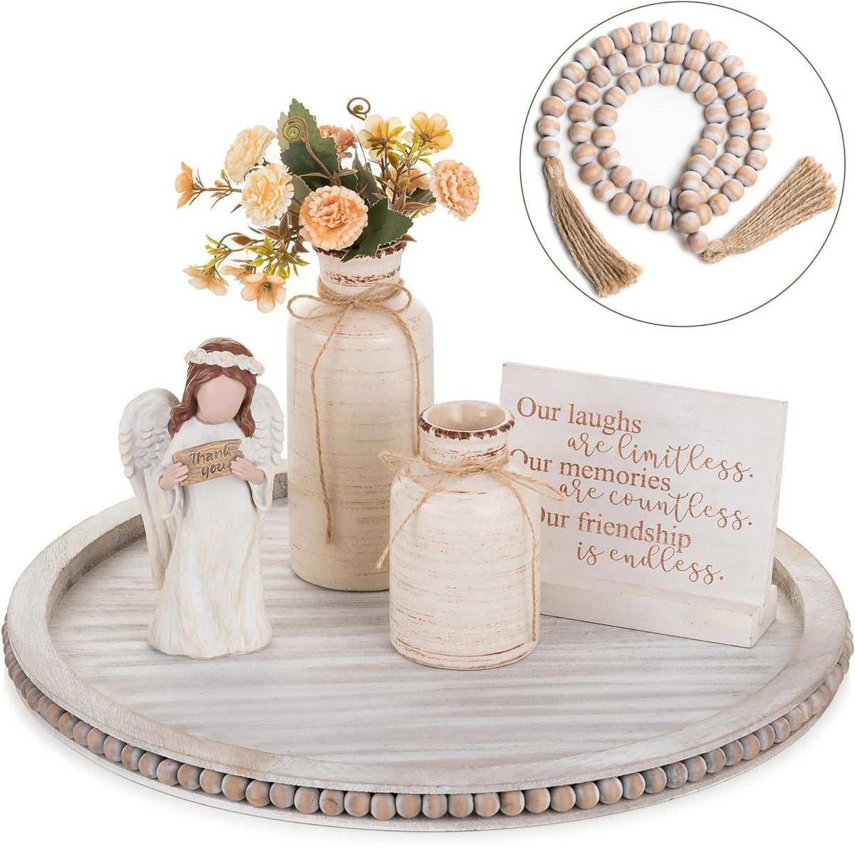 Round Decorative Wooden Tray 18 Inch Beaded Centerpiece Coffee Tray Boho HANOBE