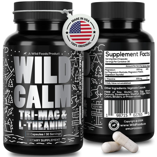 Wild Foods Tri-Mag & L-Theanine – Triple Magnesium Complex for Sleep & Relaxation | 60 Veg Capsules