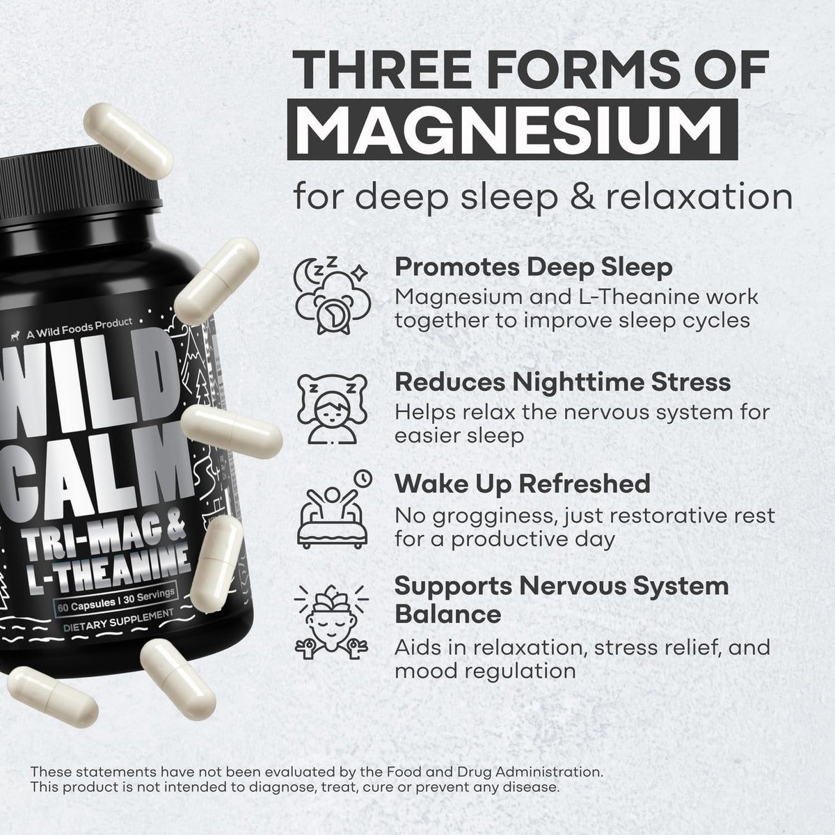 Wild Foods Tri-Mag & L-Theanine – Triple Magnesium Complex for Sleep & Relaxation | 60 Veg Capsules