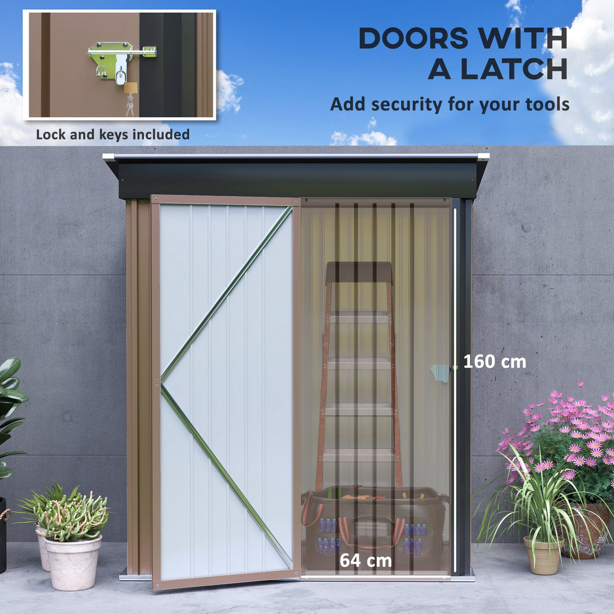 Outsunny Steel Garden Shed, Small Lean-to Shed for Bike, 5x3 ft Brown