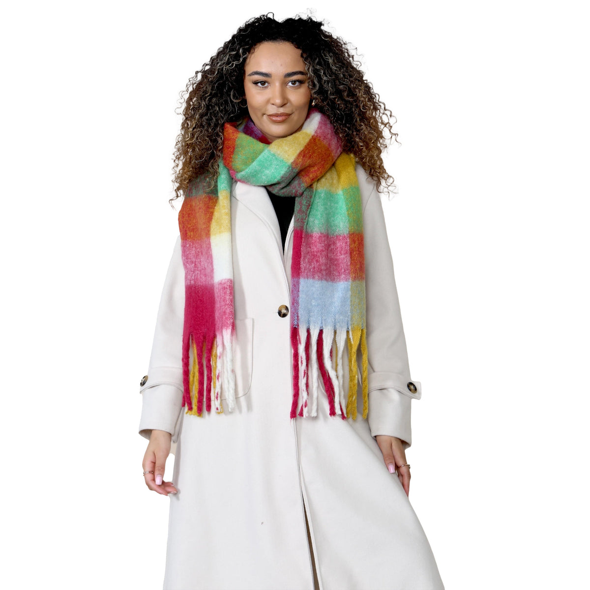 Daisy Dreamer Women’s Blanket Scarf Yellow Burgundy Chunky Knit Plaid Long Winter Wrap