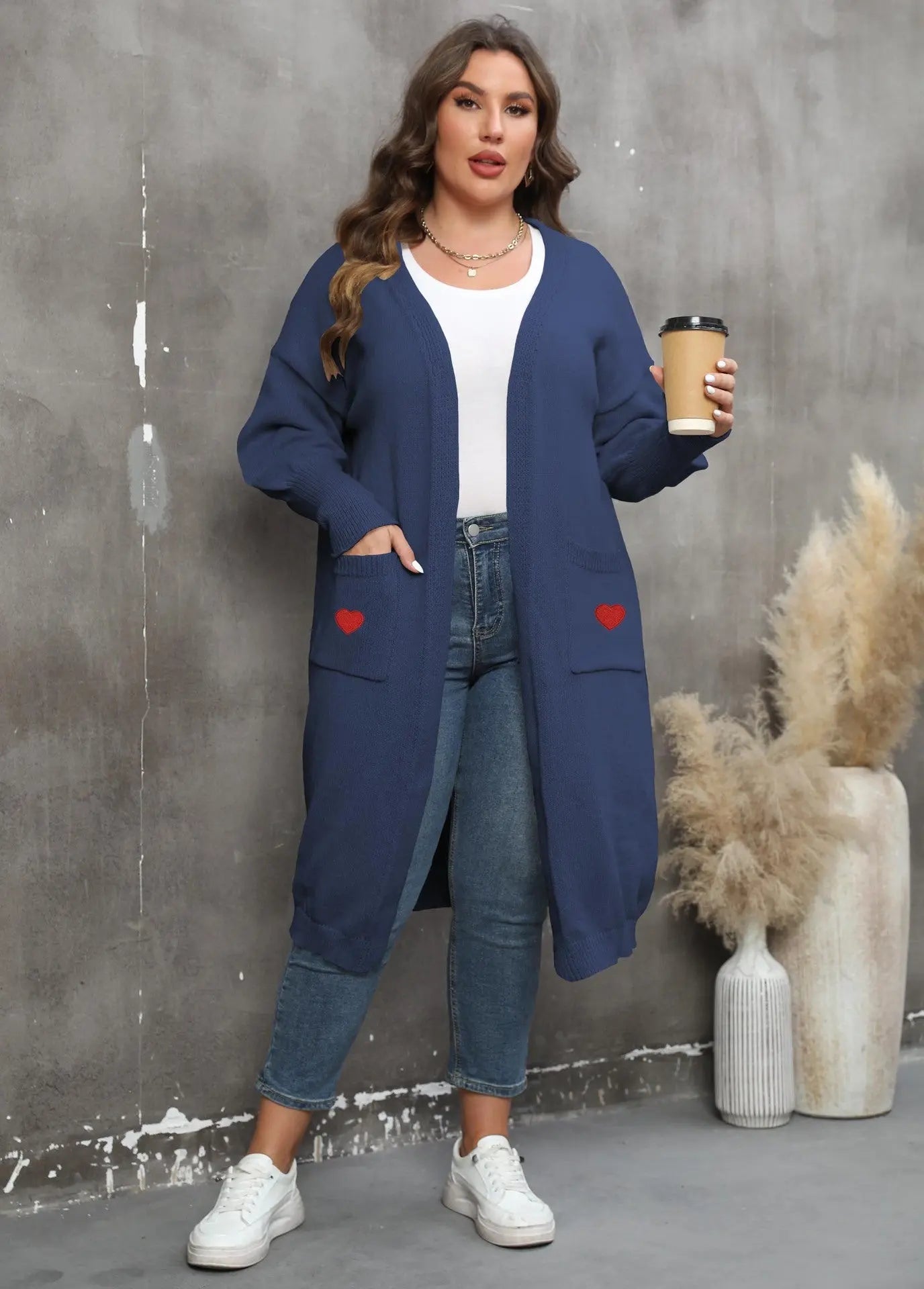 Women's Plus Size Mid-length Woven Love Double Pocket Lantern Sleeve Sweater Cardigan