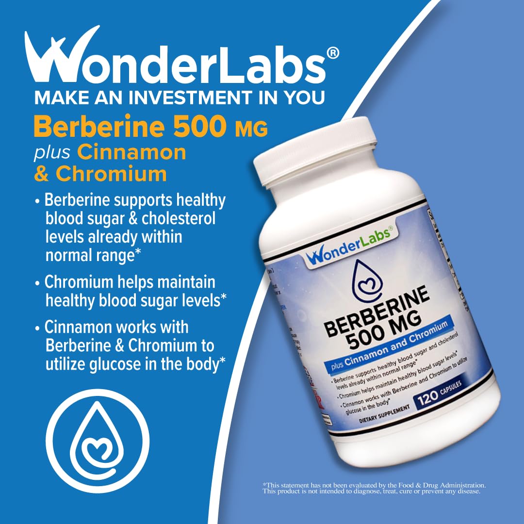Wonder Laboratories Berberine HCL 1,500mg + Cinnamon, Chromium & Bioperine - Gluten & GMO Free | 60 Capsules