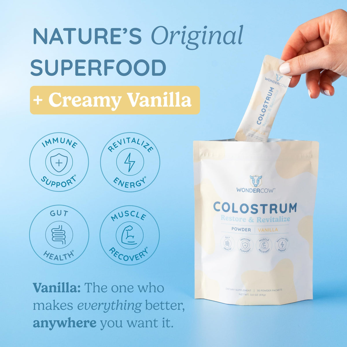 WonderCow Colostrum Powder Vanilla | Gut Health, Immunity & Muscle Recovery, 30 Servings