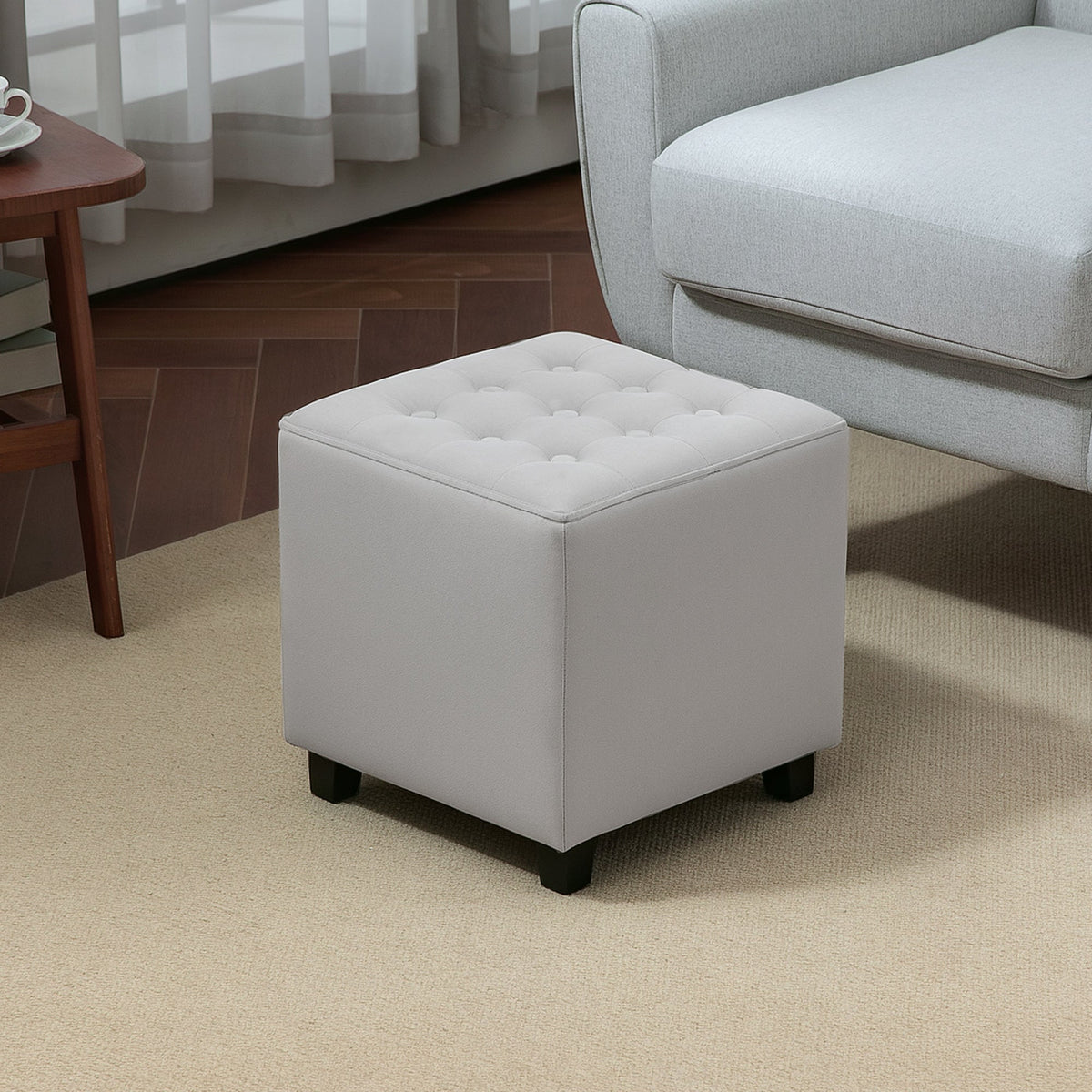 HOMCOM Square Footstool Small Ottoman w/ Wood Legs for Bedroom Light Grey