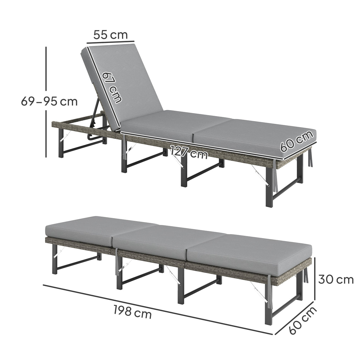 Outsunny Folding Rattan Sun Lounger with Adjustable Back, Cushion, Grey