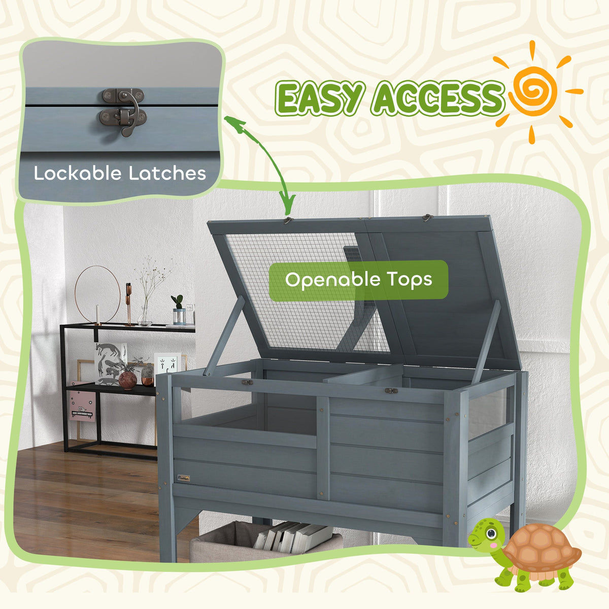 PawHut Wooden Tortoise House w/ Run, Shelter, Shelf, Lamp Holder, Grey