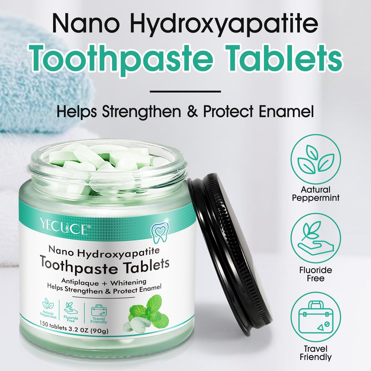 150 Tablets Chewable Toothpaste Tablets – Peppermint, Nano Hydroxyapatite, Sensitive Teeth, Fluoride Free, Plastic Free
